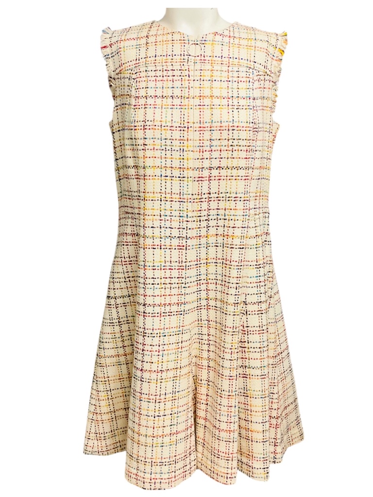 Akris Punto Cream Multicolor Lurex Metallic Raw Edge Sleeveless Tweed Dress